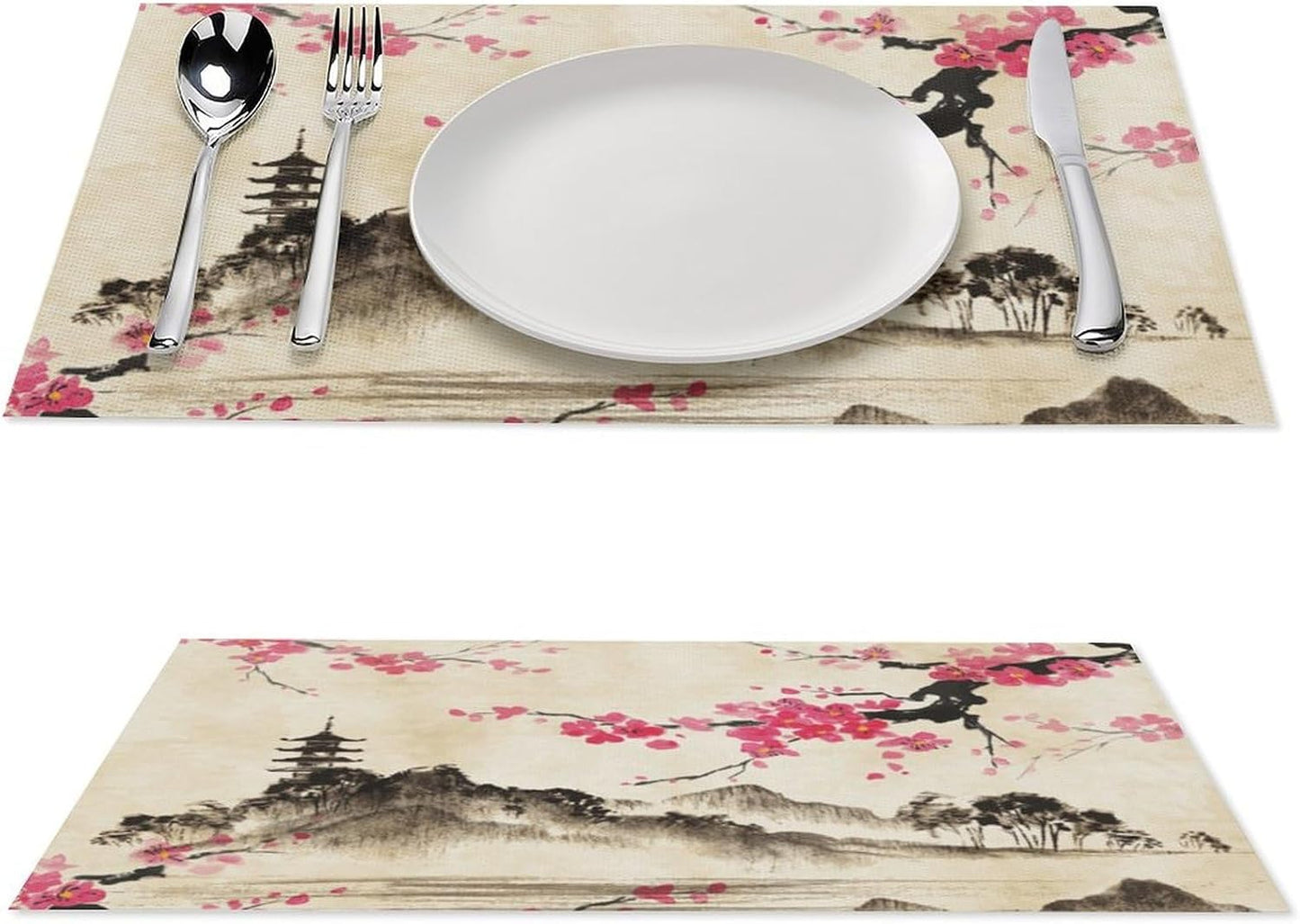 Chinese Placemat,12x18 Inch Set of 4, Pink Cherry Blossom Japanese Asian Ink Painting Landscape Anime Nature Oriental Coffee Table Mats Home Outdoor Party Kitchen Dining Table Decoration