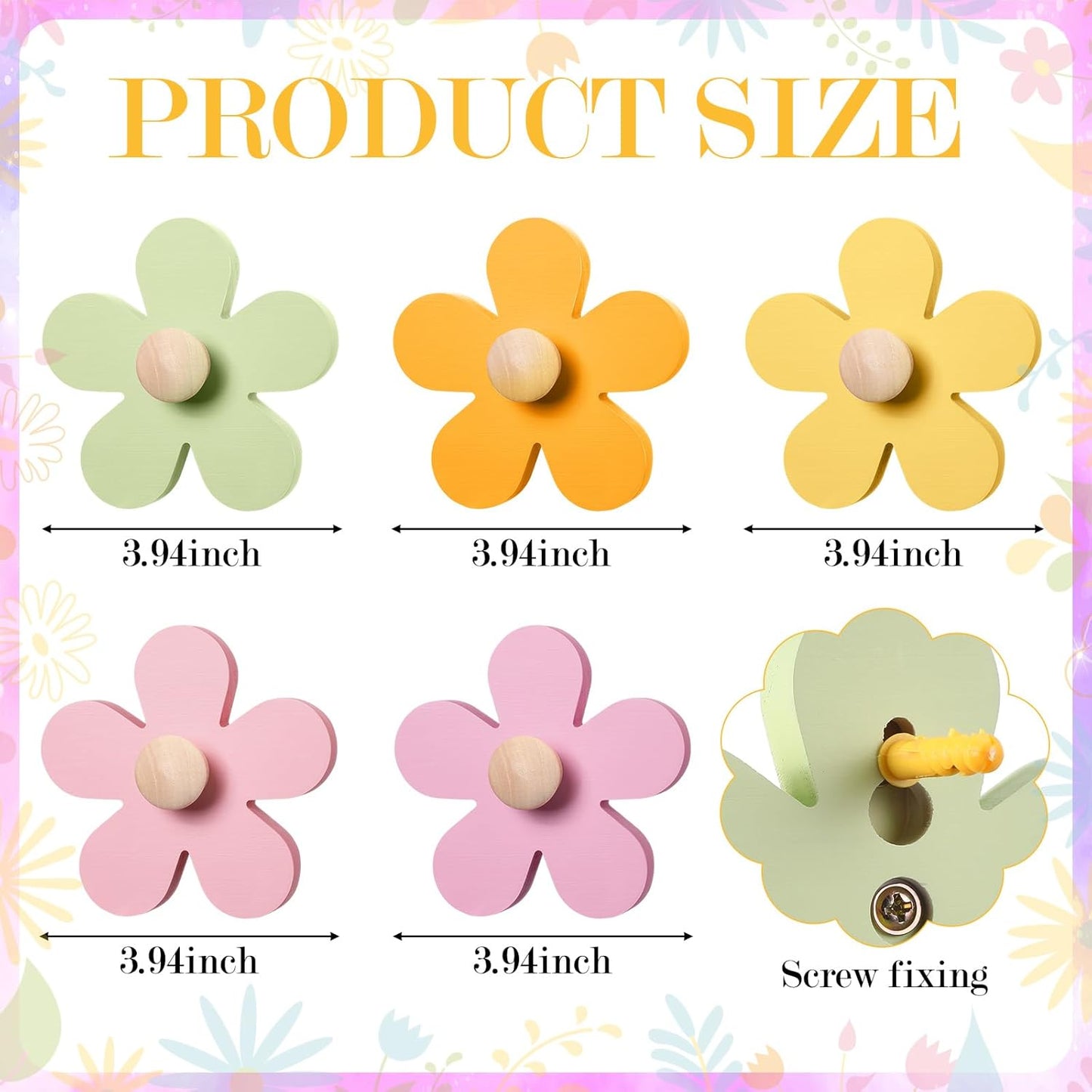 AceOrbit Pcs Daisy Wall Hooks Wood Flower Towel Hooks Cute Flower Decorative Wall Mount Hangers for Bathroom Kitchen Bedroom Home Entryway Decor(5,Yellow, Pink, Purple, Light Green)