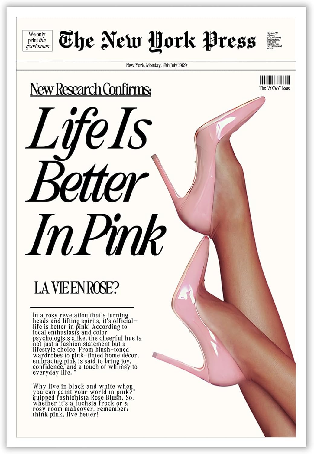 Trendy Baby Pink Poster Funny 70s Posters The New York Press Wall Art Life Is Better in Pink Hot Girl Canvas Prints Preppy Aesthetic Decor for Cool Girly Bedroom Room Home Dorm 8x12inch Unframed
