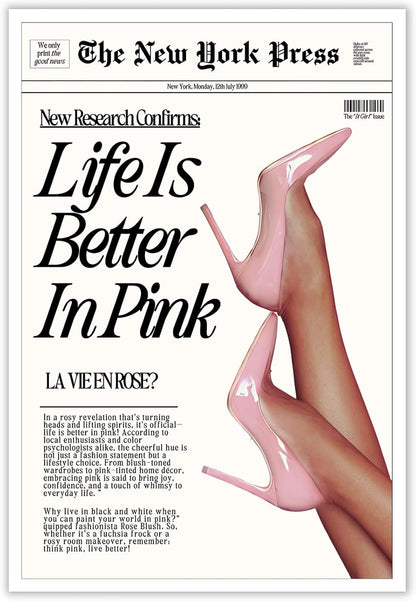 Trendy Baby Pink Poster Funny 70s Posters The New York Press Wall Art Life Is Better in Pink Hot Girl Canvas Prints Preppy Aesthetic Decor for Cool Girly Bedroom Room Home Dorm 8x12inch Unframed