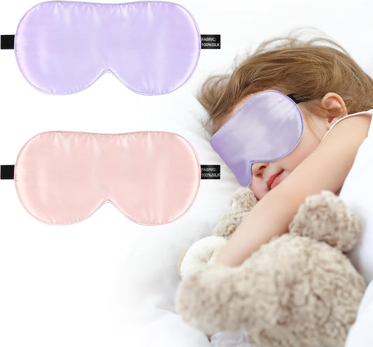 Silk Sleep Eye Mask for Kids, 100% Real Natural Pure Silk Sleeping Masks, Blindfold Sleep Eye Cover with Adjustable Strap, Soft & Lightweight Night Eyeshade for Boys Girls Teens (2 Pack)