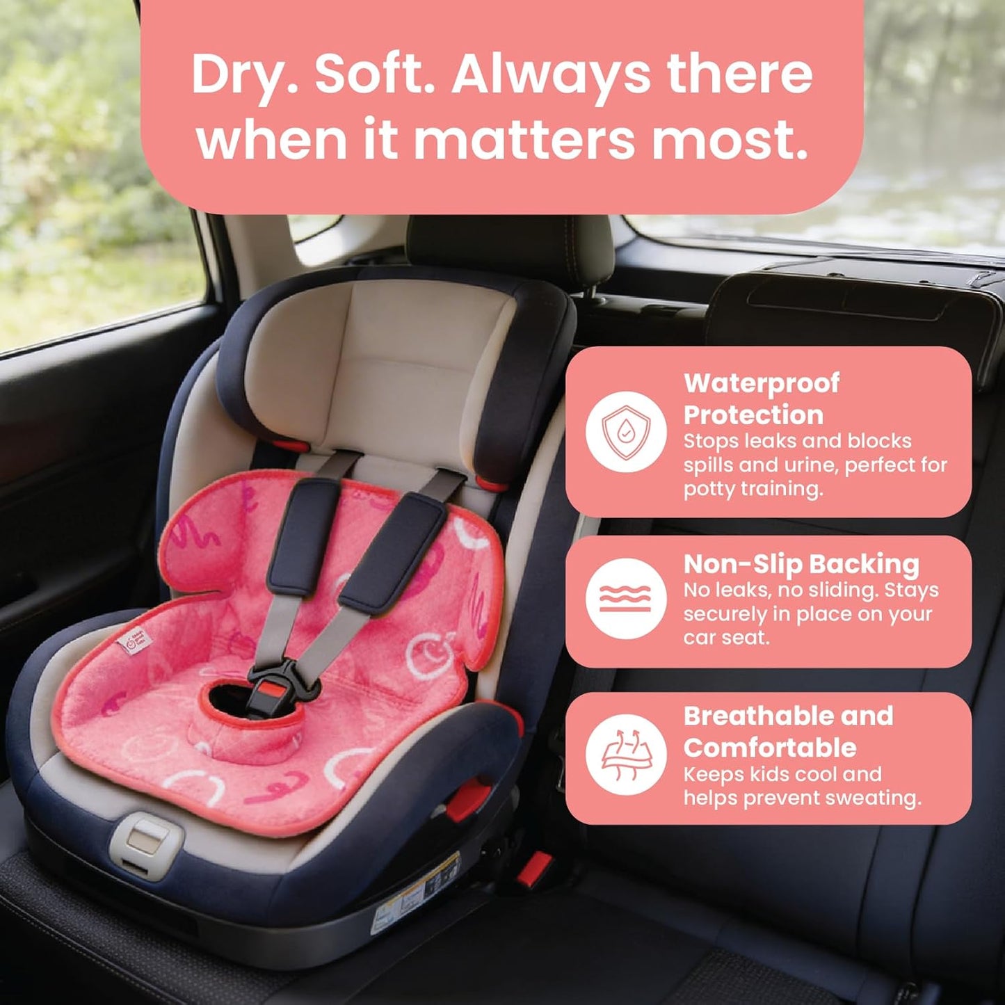 Piddle Pad 2-Pack, Potty Training Car Seat Protector, Toddler Car Seat Cover & Stroller Protector, Machine Washable Waterproof Car Seat, Anti-Slip, Universal Fit (Pink)