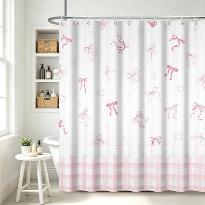 Cute Bow Shower Curtain Pink Striped Gingham Girly Shower Curtain Set for Bathroom Sweet Heart Plaid Modern Waterproof Fabric Bath Curtains with Hooks for Women Girls 72 X 72 Inch