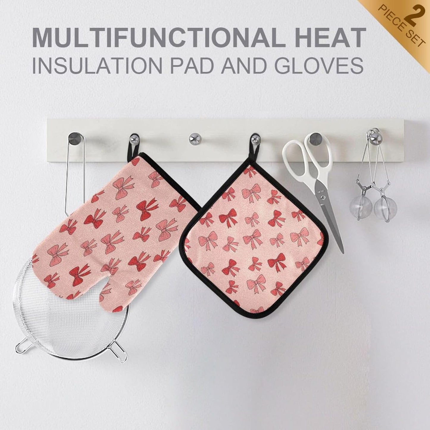 QUGRL Oven Mitts and Pot Holders Set Pink Bows Kitchen Oven Gloves Hot Pads Heat Resistant Handling Cooking Cookware Bakeware BBQ