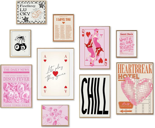 Preppy Room Decor for Teens,10pcs Pink Queen of Hearts Posters for Room Aesthetic Y2k,Feeling Lucky Fashioon Canvas Wall Art, Minimalist Modern Wall Art,Trendy Eclectic Wall Decor for Bedroom Living
