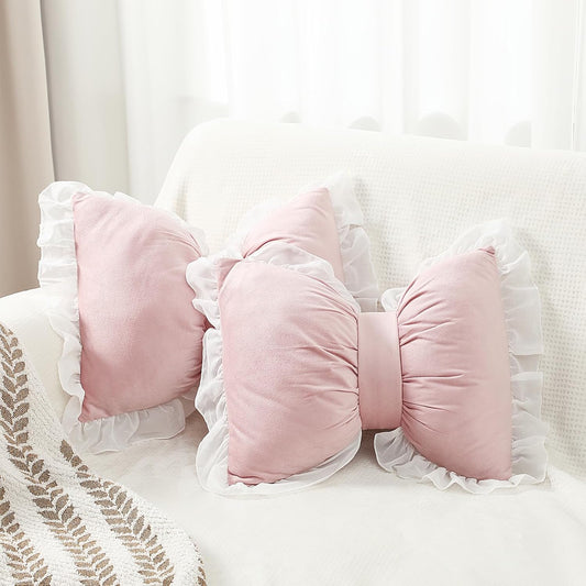 Yousoontic 2 Pcs Bow Pillows 15.7 * 12.6 in Coquette Throw Pillow Cute Bow Shaped Cushion Plush Lumbar Decorative for Girls Room Bed Sofa Couch Car(Velvet,Pink)