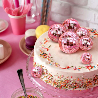 Abeillo 7PCS Disco Ball Cake Topper, Pink Disco Ball Cake Decorations, 4 Sizes Disco Ball Decor, 70s Disco Theme Party Supplies, Disco Balls Cupcake Topper for Disco Music Dance Decoration