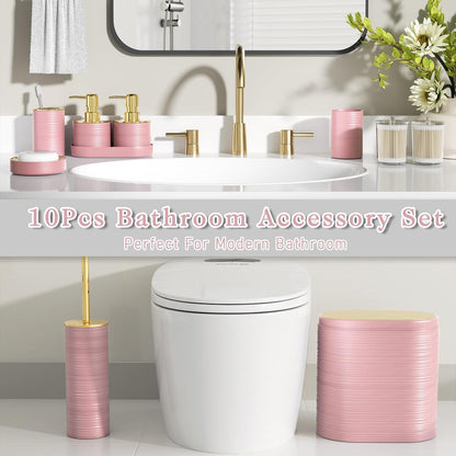 Bathroom Set, 10PC Bathroom Accessory Set, Pink Bathroom Accessories, Pink and Gold Bathroom Set with Trash Can, Soap Dispensers