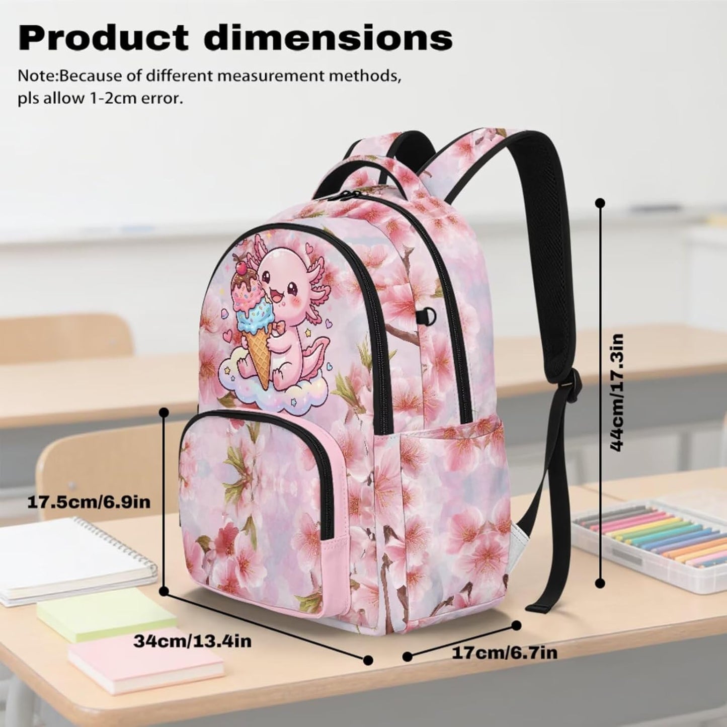 4 Pcs School Backpack Set Cherry Flower Pink Axolotl Print Elementary Student Bookbag 17 Inch Schoolbag with Lunch Box Pen Case Water Bottle Holder Bag for Outdoor