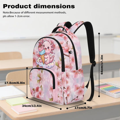 4 Pcs School Backpack Set Cherry Flower Pink Axolotl Print Elementary Student Bookbag 17 Inch Schoolbag with Lunch Box Pen Case Water Bottle Holder Bag for Outdoor
