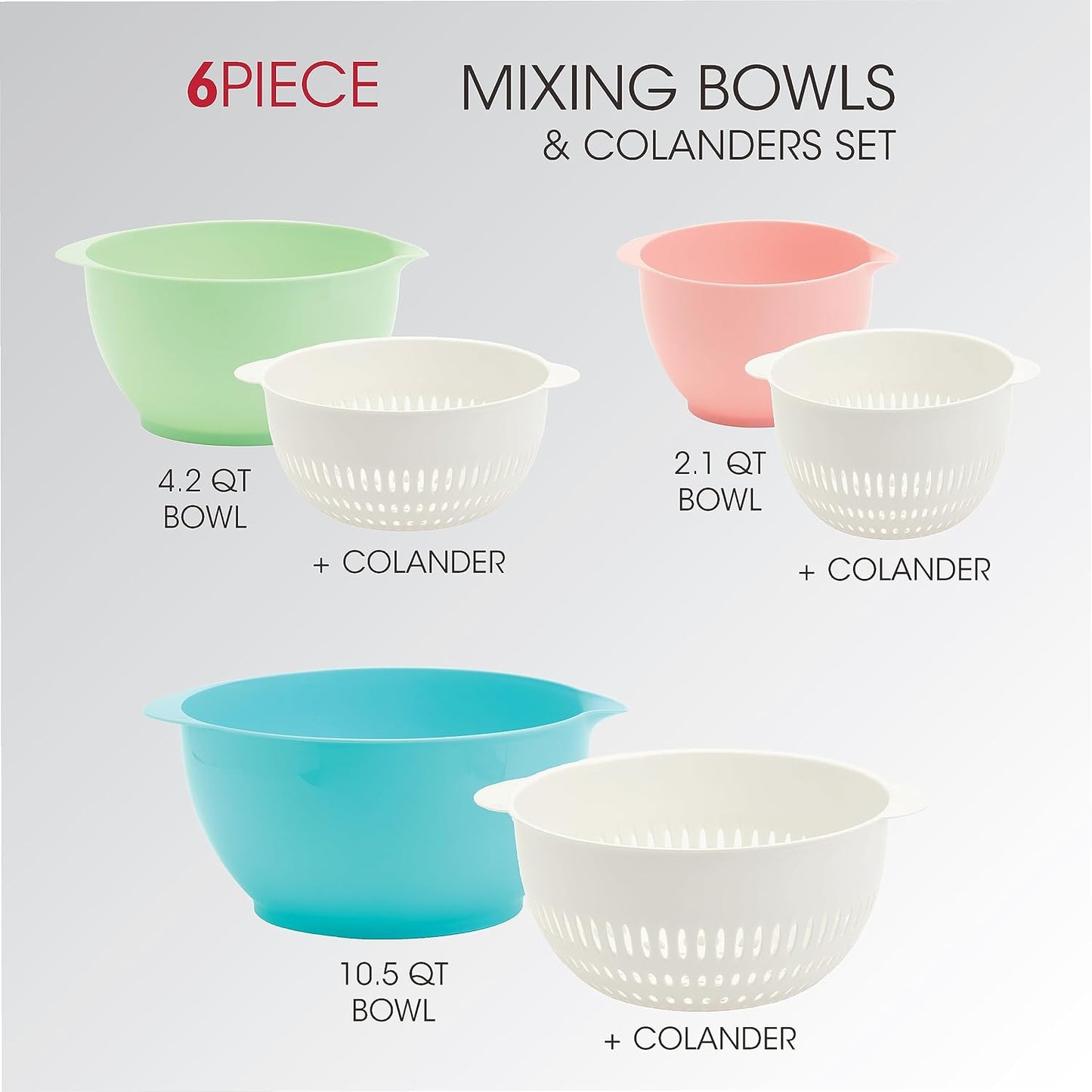 Basic Essentials 6 Piece Plastic Nesting Mixing Bowls with Colanders Set for Kitchen, Baking, Prepping, Cooking, Space Saving Storage, Multiple Sizes, Pink, Mint Green & Light Blue