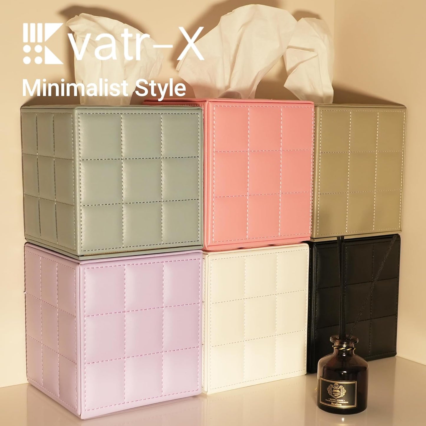 Square Leather Tissue Box Cover, Hand MDF Inner Frame Tissue Holder (Pink & 5.3 x 5.3 x 5.9 inch)