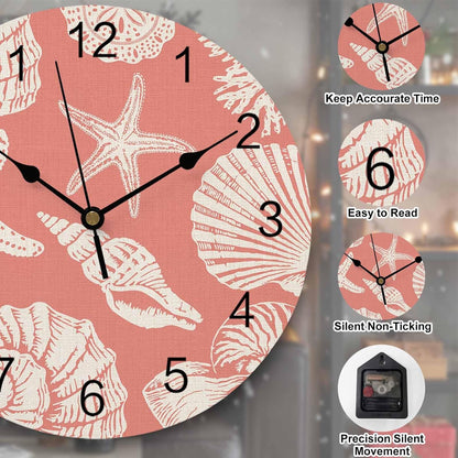 Ocean Coastal Wall Clocks Battery Operated Shells Starfish Conch Coral Red Linen Large Wall Clock for Bedroom Kitchen Living Room Bathroom Decorative 10"x10"