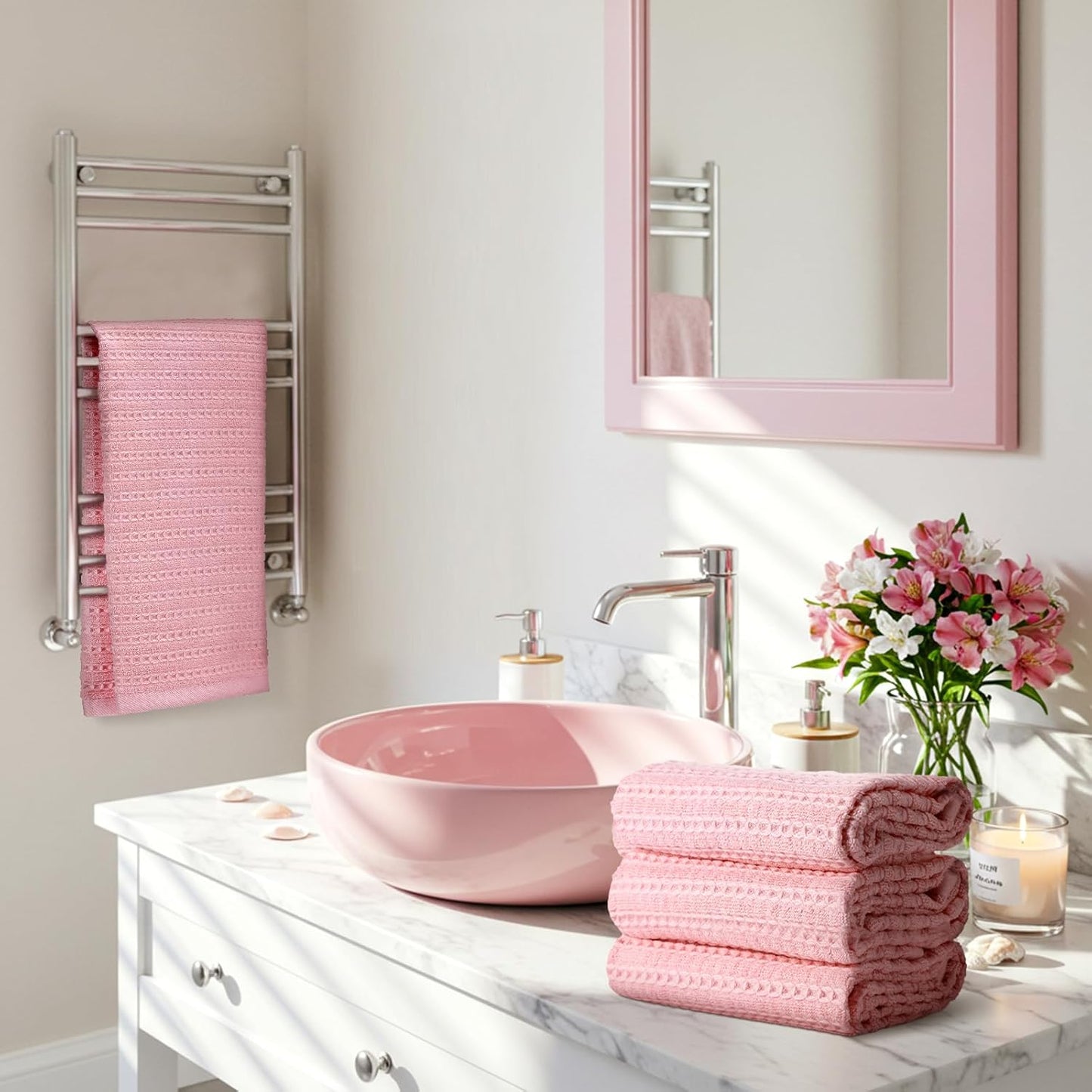 Mindsoft 4 Pack Pink Hand Towels Waffle Striped Pattern 100% Cotton Soft Hand Towels for Bathroom 13 x 29 Inch Absorbent Waffle Washcloths for Bathroom Kitchen