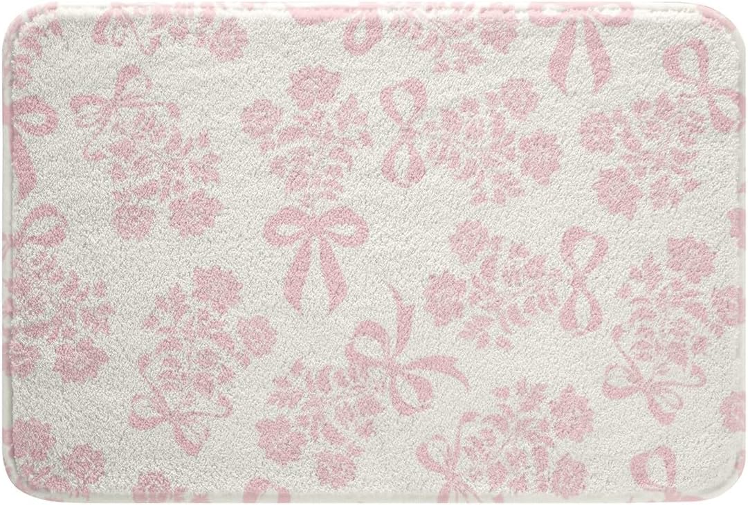 Erosebridal Bowknot Bathroom Rugs 16" x 24" Peony Bath Mat Princess Fashion Bow Doormat Pink Flowers Cute Bow Tie