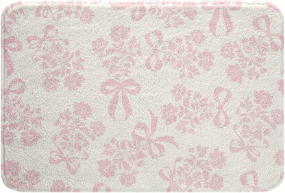 Erosebridal Bowknot Bathroom Rugs 16" x 24" Peony Bath Mat Princess Fashion Bow Doormat Pink Flowers Cute Bow Tie
