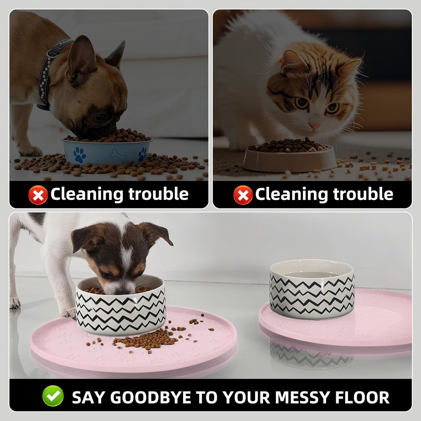 Comtim Waterproof Dog Food Mat - 2 Pack Silicone Pet Food Mat Dog Food Bowl Mats Cat Water Mats Eating Tray, Non-Slip Pet Placemat with Lip for Messy Drinkers to Protect Floor,Pink 11"×11"