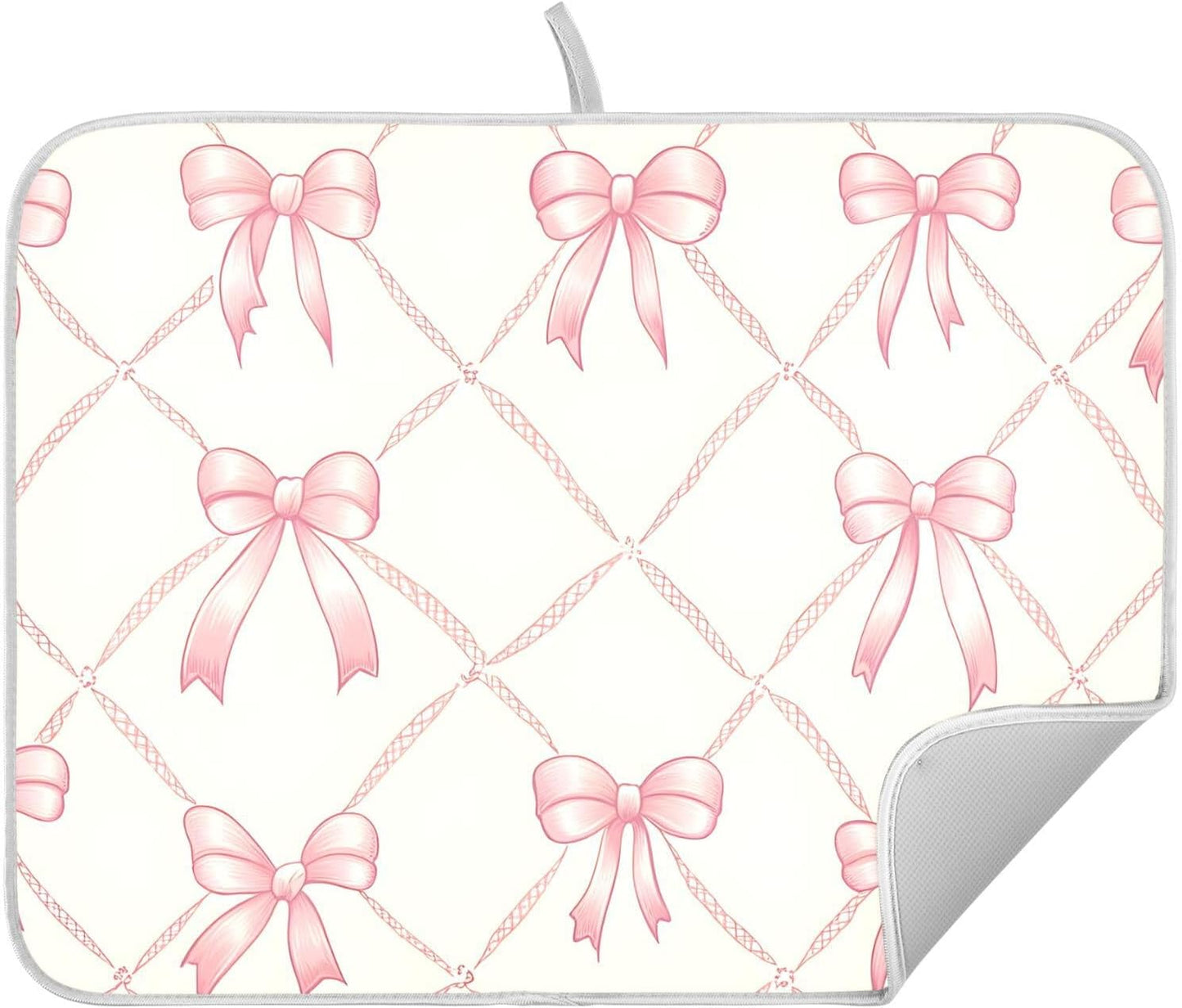 Pink Bow Rhombus Plaid Pattern Dish Drying Mat for Kitchen, Absorbent Microfiber Dishes Drainer Mats, 16x18 Inch
