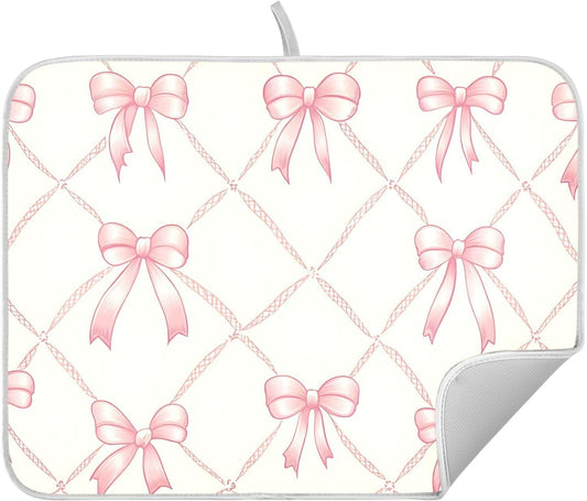Pink Bow Rhombus Plaid Pattern Dish Drying Mat for Kitchen, Absorbent Microfiber Dishes Drainer Mats, 16x18 Inch