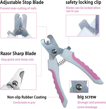 5Pcs Dogs and Cats Grooming Nail Clippers Kit Pet Claws Nail Clipper Trimmers, with Protective Guard Lock to Avoid Over Cutting, Professional Trimmers for Large and Small Cat and Dog (Pink)