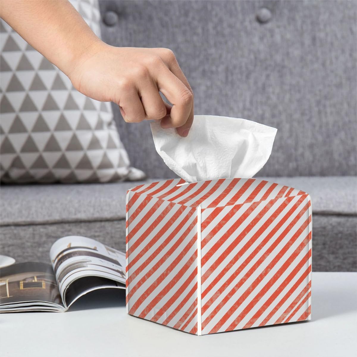 Tissue Box Cover,Retro Pink Striped Pattern Waterproof PVC Leather Tissues Holder,Square, 5.2" L x 5.2" W x 5.2" H, Decorative for Home Office
