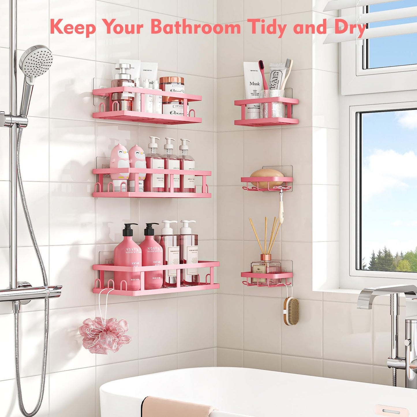 Youvip 6 Pack Shower Caddy, Adhesive Shower Shelves with Soap Holder, No Drilling Rustproof Large Capacity pink bathroom decor accessories, Pink