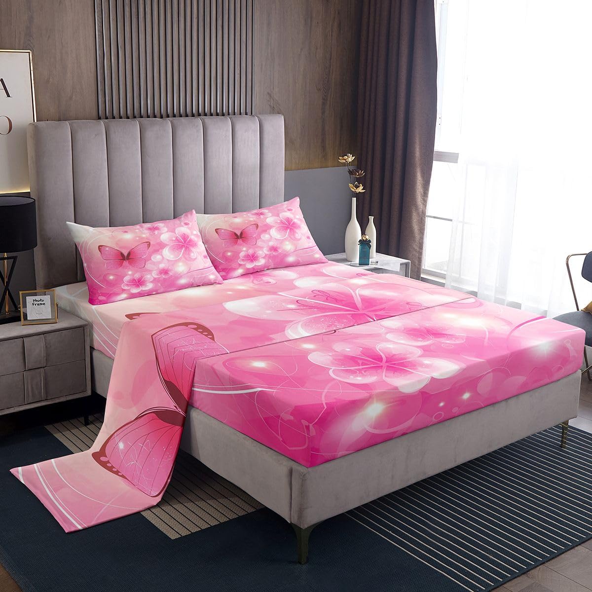 Erosebridal Flower Bed Sheets Set Twin Butterfly Sheet Set Glitter Peach Blossom Dots Princess Sheets Dreamy Pink Florals Line Flat Fitted Sheet
