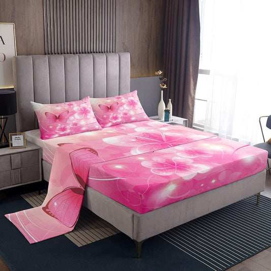 Erosebridal Flower Bed Sheets Set Twin Butterfly Sheet Set Glitter Peach Blossom Dots Princess Sheets Dreamy Pink Florals Line Flat Fitted Sheet