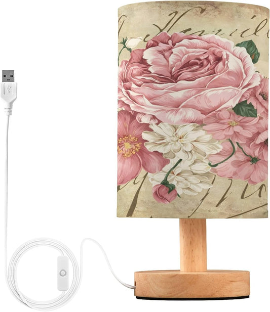 Bolaz Small Table Lamp for Bedroom Vintage Shabby Chic Pink Rose Flowers Table Lamp Nightstand Lamp for Livingroom Office Reading Working Table Desk