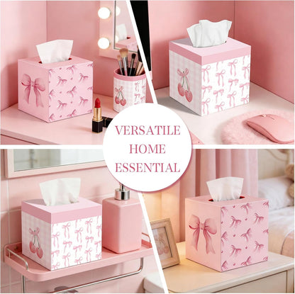 2 Pcs Pink Bow Tissue Box Cover 5.9 x 5.9 x 5.9 Inch Wooden Coquette Bow Decorative Tissue Box Holder Square Paper Towel Holder Cube Boxes Funny Cube Case for Home Pink Party Decorations Supplies