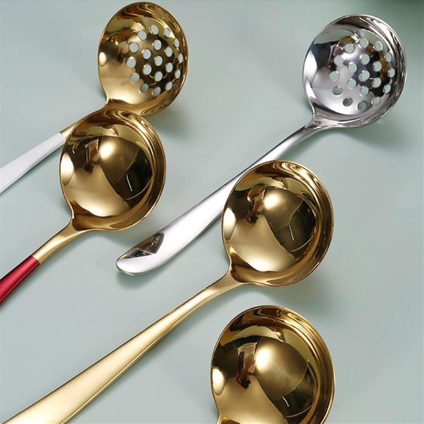Strainer Spoon, Slotted Kitchen Spoon and Soup Ladle, Stainless Steel Soup Ladle for Hot Pot, Colander for Home, Restaurant, Kitchen, Filter, Pink
