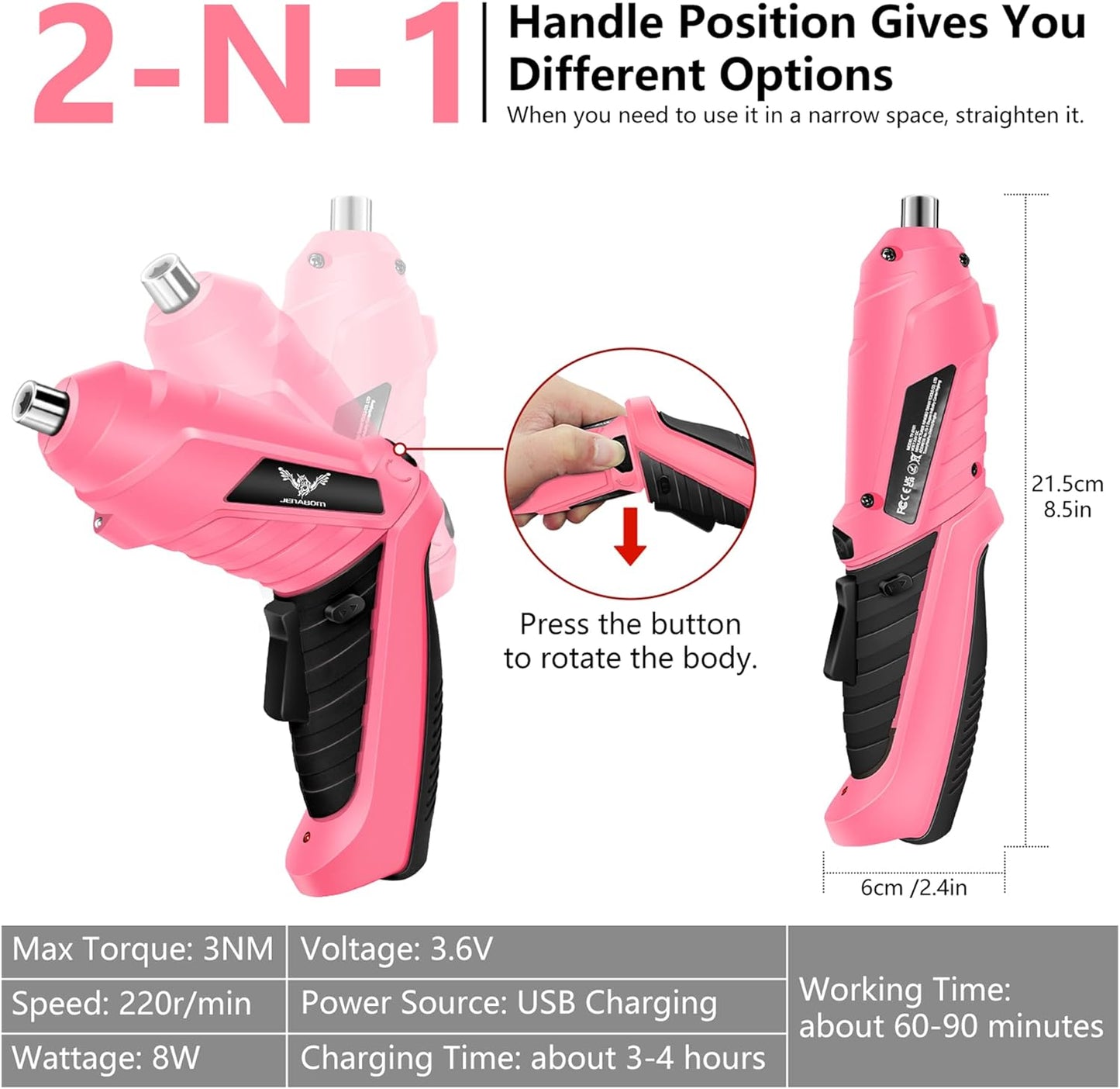 JENABOM Cordless Electric Screwdriver Set 3.6V Rechargeable Small Power Drill, 3Nm Screw Gun with 2 Position Handle, LED Light, 14 in 1 Driver Bit Set, Pink & Black