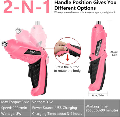 JENABOM Cordless Electric Screwdriver Set 3.6V Rechargeable Small Power Drill, 3Nm Screw Gun with 2 Position Handle, LED Light, 14 in 1 Driver Bit Set, Pink & Black