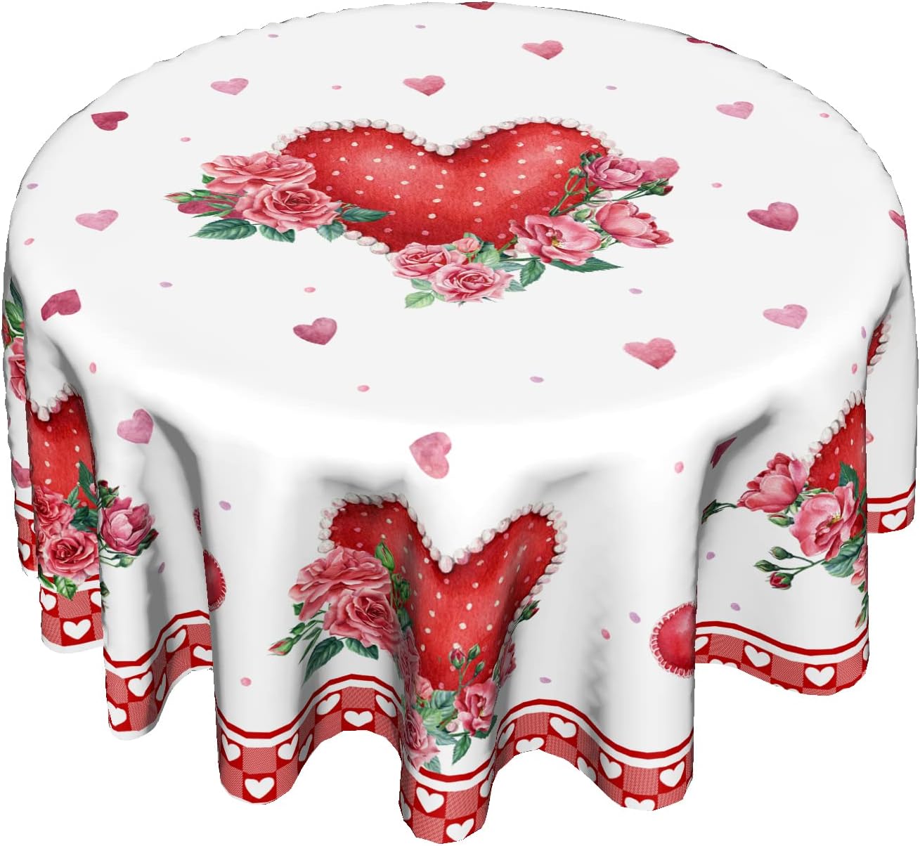 Giwawa Valentines Day Round Tablecloth 60 Inch, Red Pink Hearts Rose Flower Circular Table Cloth with Check Plaid, Mothers Day Love Table Cover for Kitchen Dining Anniversary Decor