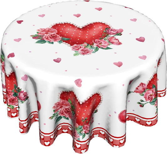Giwawa Valentines Day Round Tablecloth 60 Inch, Red Pink Hearts Rose Flower Circular Table Cloth with Check Plaid, Mothers Day Love Table Cover for Kitchen Dining Anniversary Decor