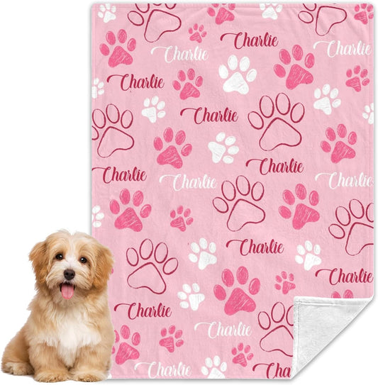 Custom Dog Blankets with Pet Name Personalized Pink Paw Dog Blanket, Customized Dog Blanket for Medium Puppy Small Large Dogs, Washable All-Season Air-conditioned Rooms Blankets Dog Gifts 30" x 40"