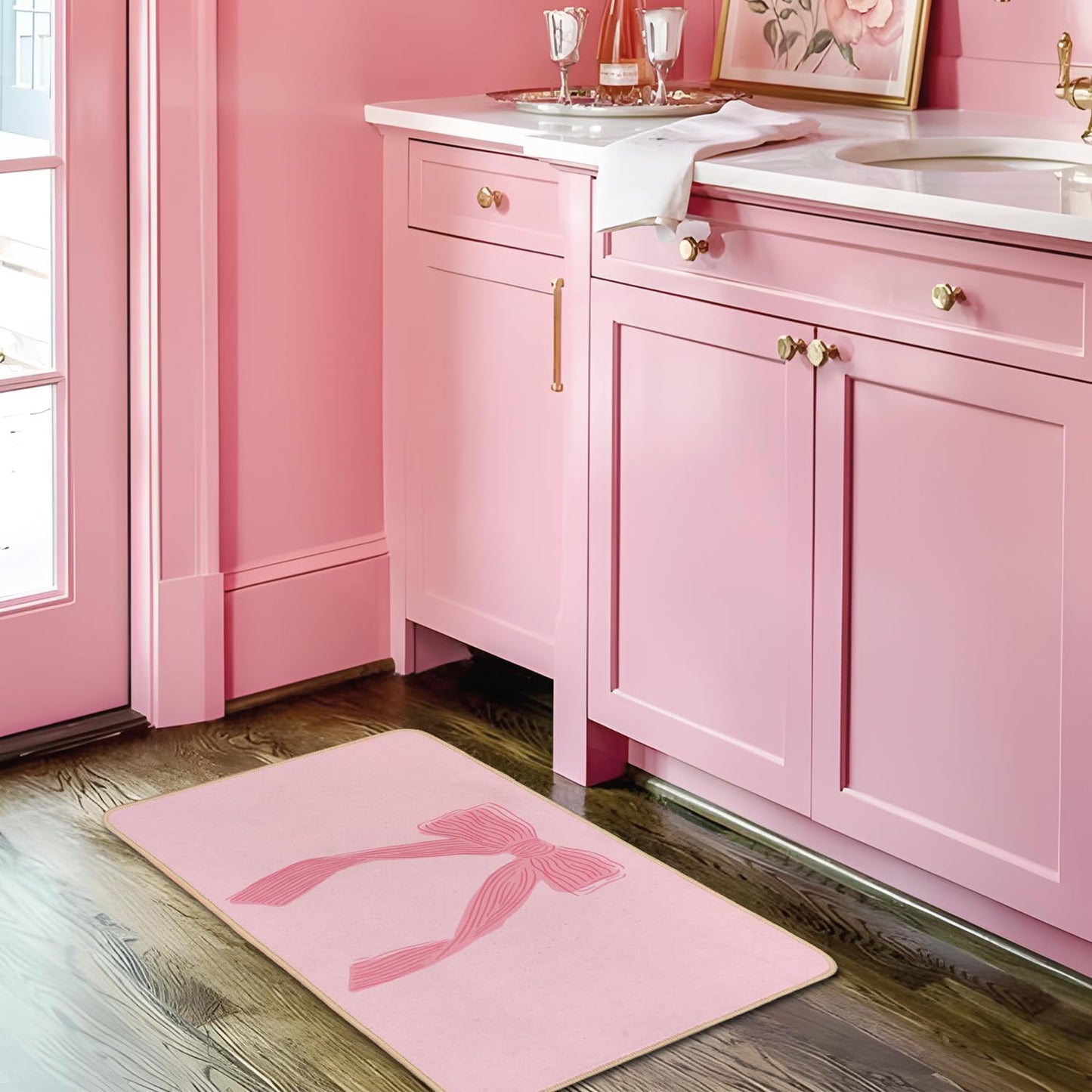 Coquette Preppy Pink Bow Welcome Mat Front Door Mat Kitchen Bath Mat, Pink Bathroom Bow Decor Floor Mats, Gifts for Women Teen Girls, 30 x 16 Inch