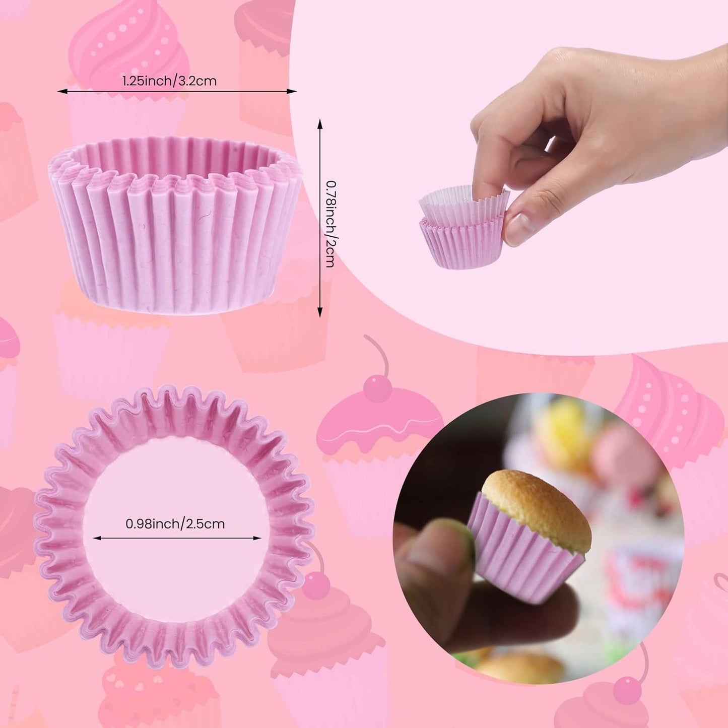 1 Inch Super Mini Cupcake papers Liners Baking Cups 1000 Pack Muffin Lining Wrappers, Pink
