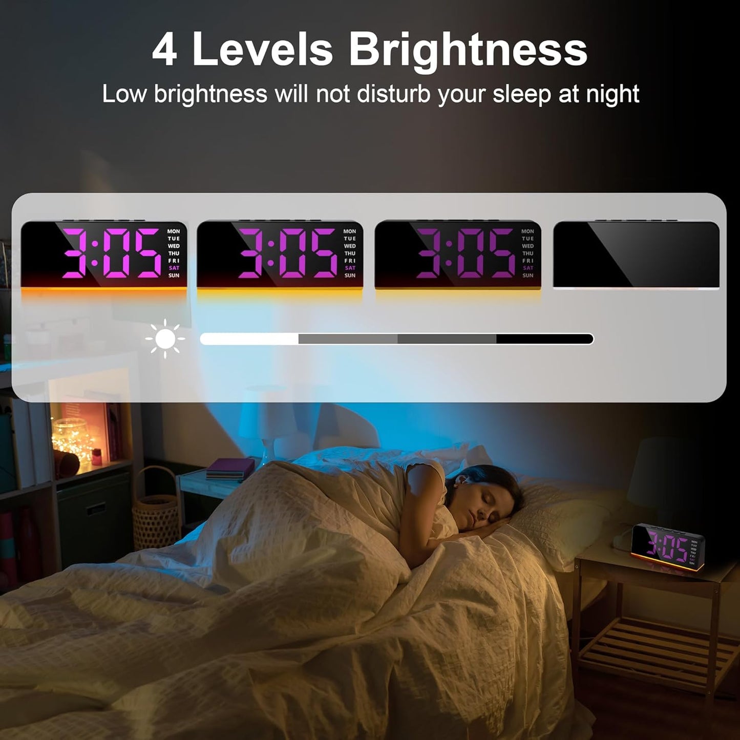 Lafocuse Digital Alarm Clock Bedside with Night Light, 6.7" LED Display Digital Clocks Type-C/Battery Powered with Snooze Adjustable Brightness Temperature for Heavy Sleepers Bedroom Office, Pink
