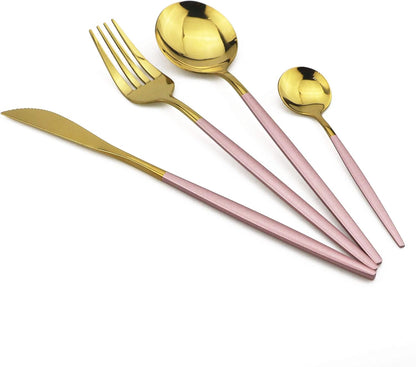 24-Piece Flatware Set, 18/0 Stainless Steel Knife Fork Spoon Teaspoon Silverware Set, Service for 6, Pink Handle Gold