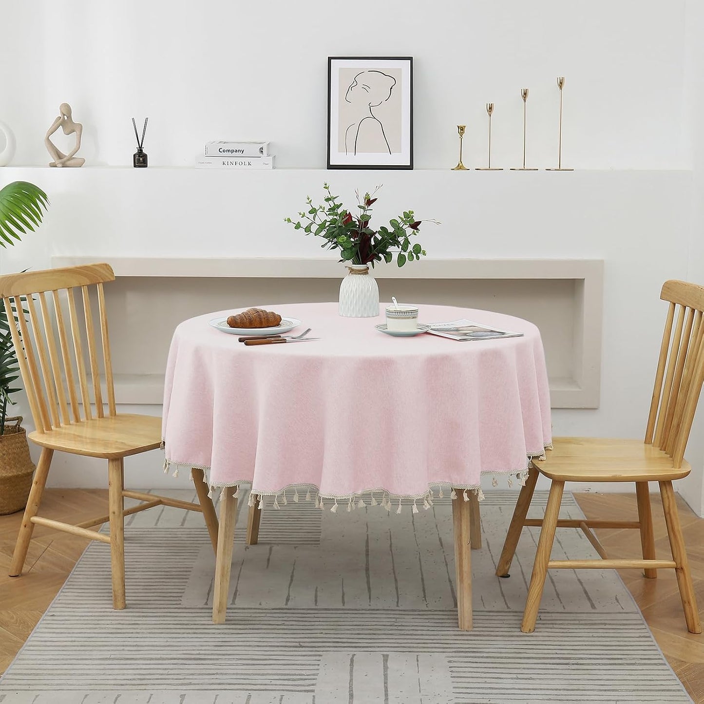 Qubjus Round Textured Tablecloth Waterproof Cotton Linen Tassel Wrinkle Free Washable Decorative Fabric Table Cover for Kitchen Dining Table, Round-48, Pink