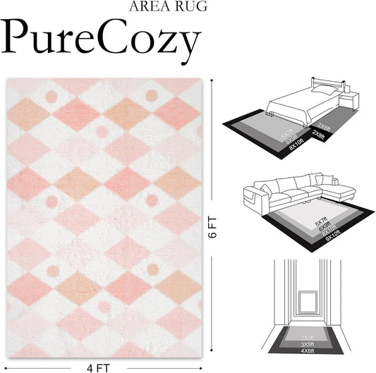 PureCozy Checkered Rug 4x6 Fluffy Shag Living Room Pink Area Rug Modern Washable Carpet Soft Shaggy Non Slip Indoor Plush Fuzzy Rugs for Bedroom Dorm Office Home Aesthetic Decor
