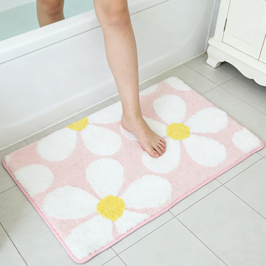 Cute Flower Bath Mat, Non-Slip TPR Backing Ultra Soft Microfiber Bathroom Rug, Machine Washable Absorbent Bath Rug for Tub Shower Sink Bedroom Dorm Restroom Toilet(Pink, 24x16 Inch)