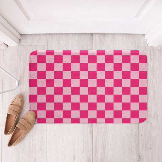 Feelyou Pink Beige Plaid Bathroom Rugs Microfiber 20"x32" Geometric Grid Bath Mats Non-Slip Checkered Bathroom Accessories Floor Doormats Soft Door Mat