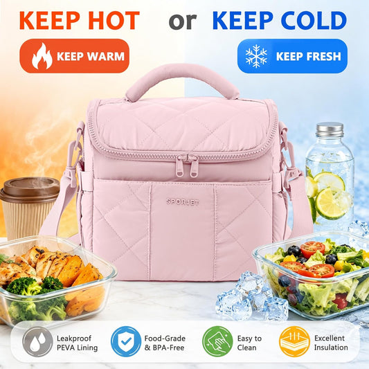 Insulated Lunch Bag for Women, Quilted Lunch Tote Bag with Shoulder Strap, Leakproof Soft Lunch Box, Reusable Lunch Cooler Bag for Work Office Picnic Travel, Large Capacity