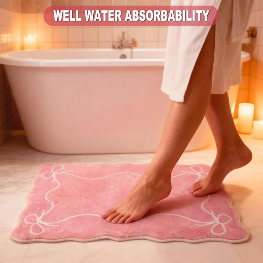 Light Pink Bow Bath Mat Cute Bathroom Rugs, Soft Absorbent Bow Carpet, Girly Bathroom Decor Rugs Non Slip & Machine Washable