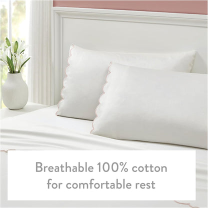 Peri Home Standard Queen Size Pillow Cases, 2 Pack, Breathable Soft 300 TC 100% Cotton with Embroidered Scalloped Edge, Set of 2 Pillowcases, Standard/Queen, White with Pink Scallop