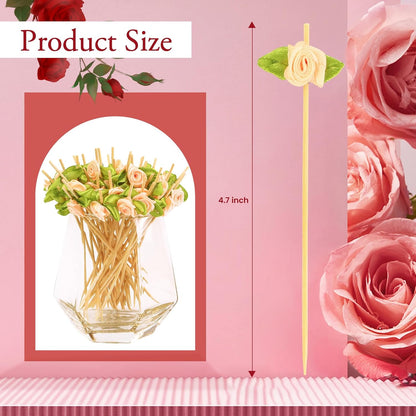100pcs Pink Rose Flower Cocktail Picks 4.7 Inch, Valentine Decorations Toothpicks for Appetizers Bamboo Fruit Skewers Food Picks for Wedding Valentine Holiday Party Decoration (Pink)