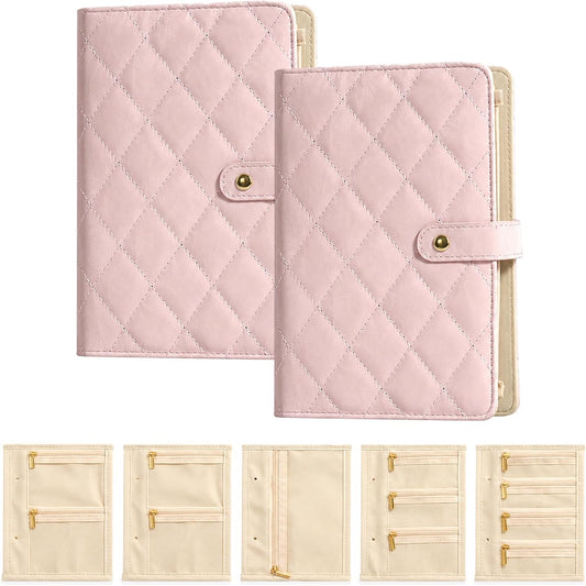 Travel Jewelry Notebook, Portable Jewelry Travel Case with 5 Detachable Velvet Zipper Pouches, Faux Leather Binder for Rings, Earrings, Necklaces (Light pink,2PCS)