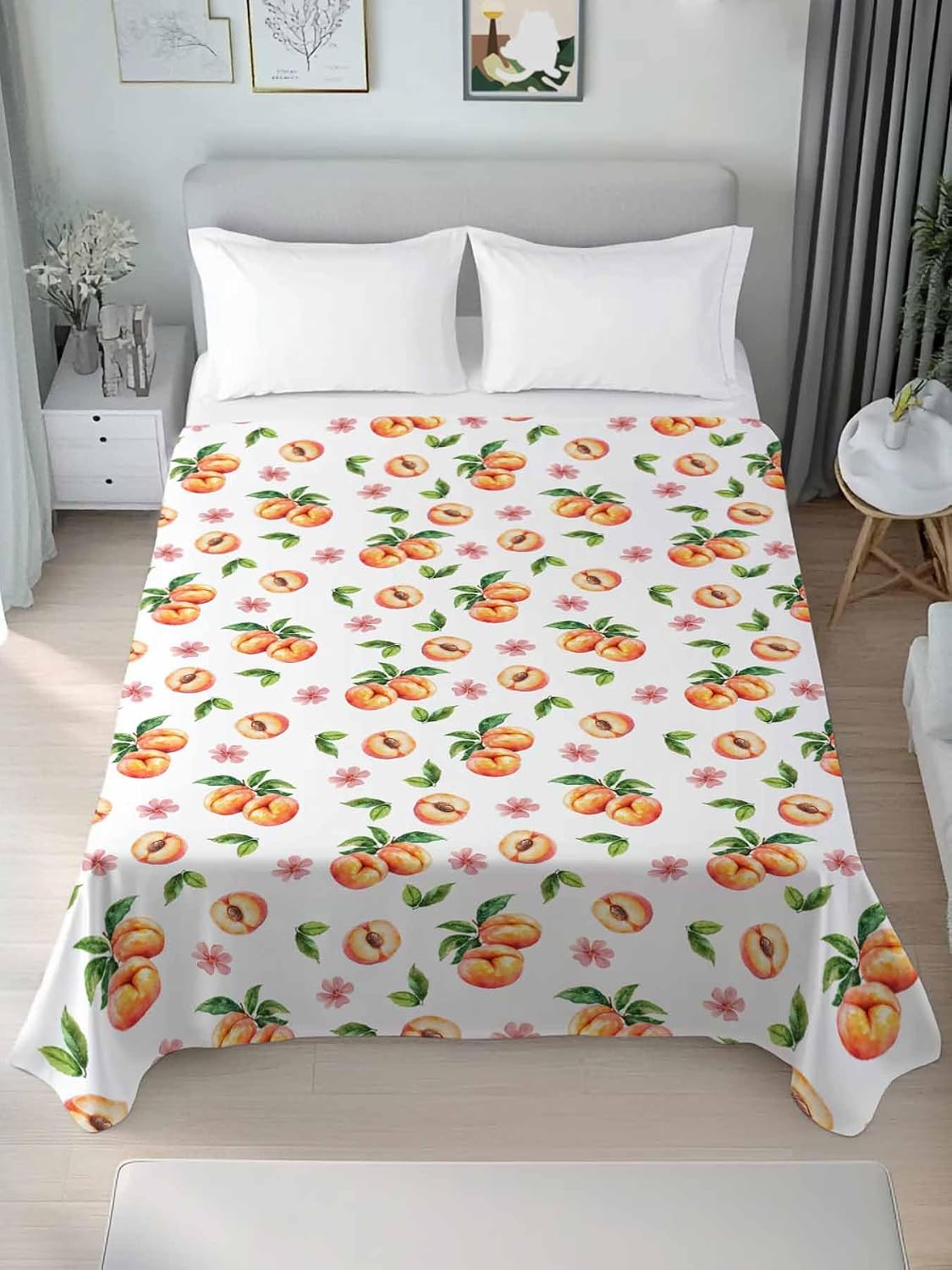 Peaches Flower Full Size Sheets - Hotel Quality Full Flat Sheet Only 1 Pack, Pink Floral Blossom Summer Spring Fruit Soft Bed Sheet Brushed Microfiber Bedding Top Sheets for Home Dorm